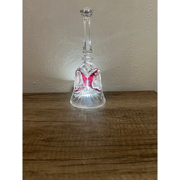 Cut to Clear Crystal Bell Red Overlay Floral Design – 8” Vintage Style - Picture 14 of 14